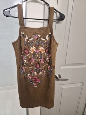 Abercrombie & Fitch Brown Suede Mini Dress with Multicolor Floral Embroidery